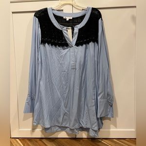 NWT Daniel Rainn DR2 blouse size 2x blue w/ black lace